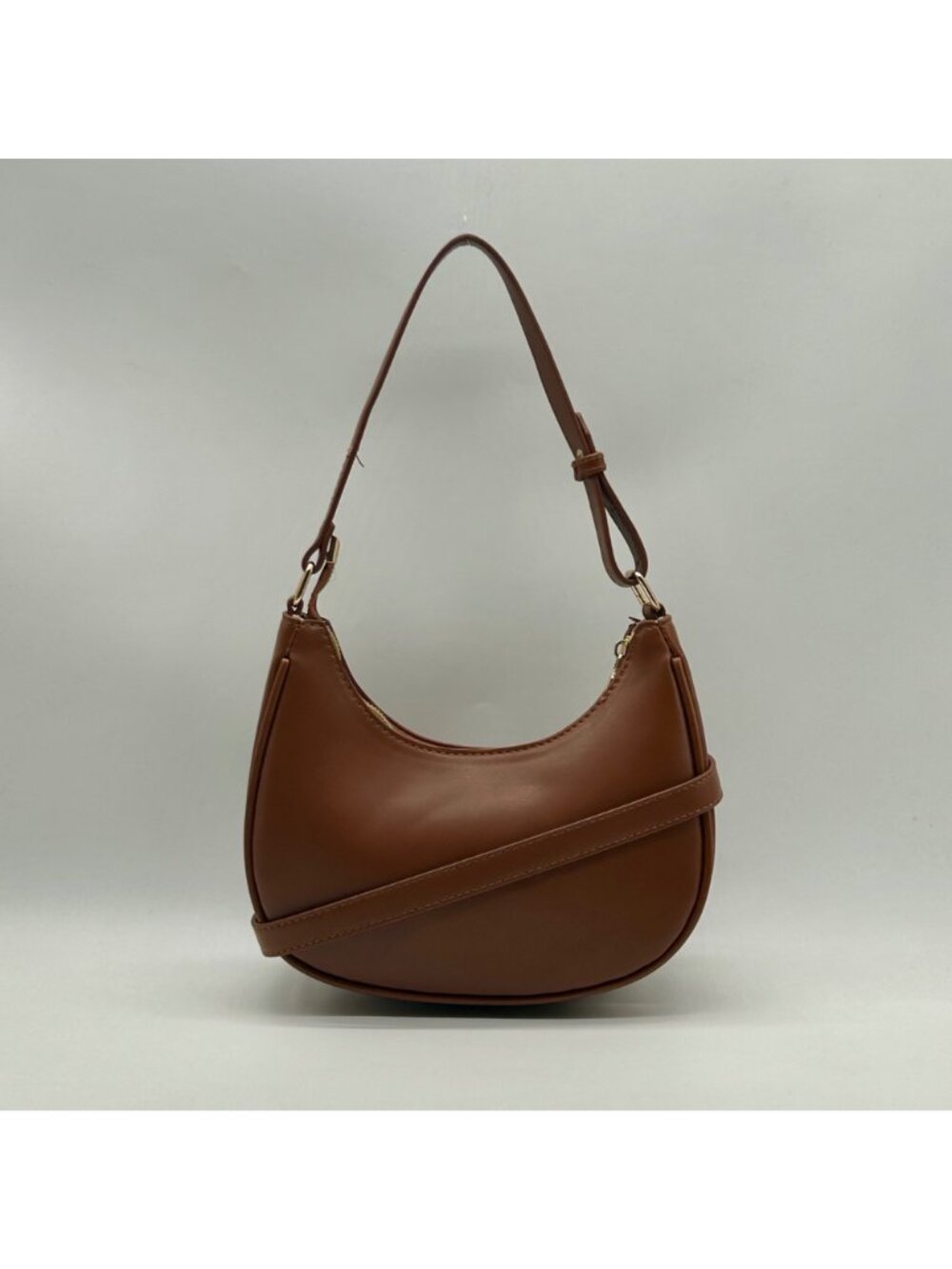 Brown Faux Leather Crescent-Shaped Convertible Shoulder Bag - Picture 2 of 11